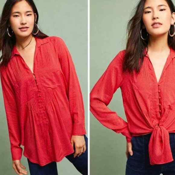 Maeve Anthropologie Shirt Womens Extra Small Red White Polka Dot Matilda Tie - Picture 1 of 13